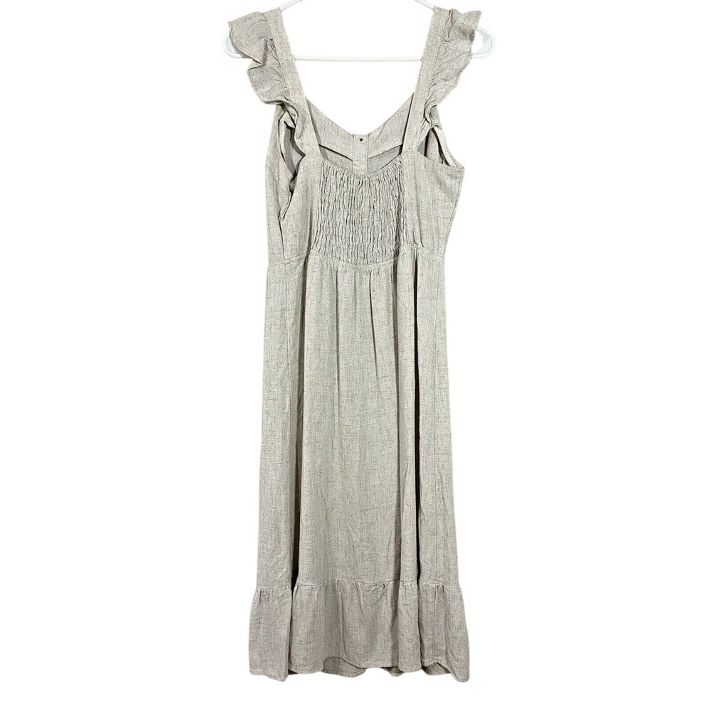 Monteau Los Angeles Beige Linen Blend Ruffle Strap Button Front Midi Dress L - Picture 2 of 4